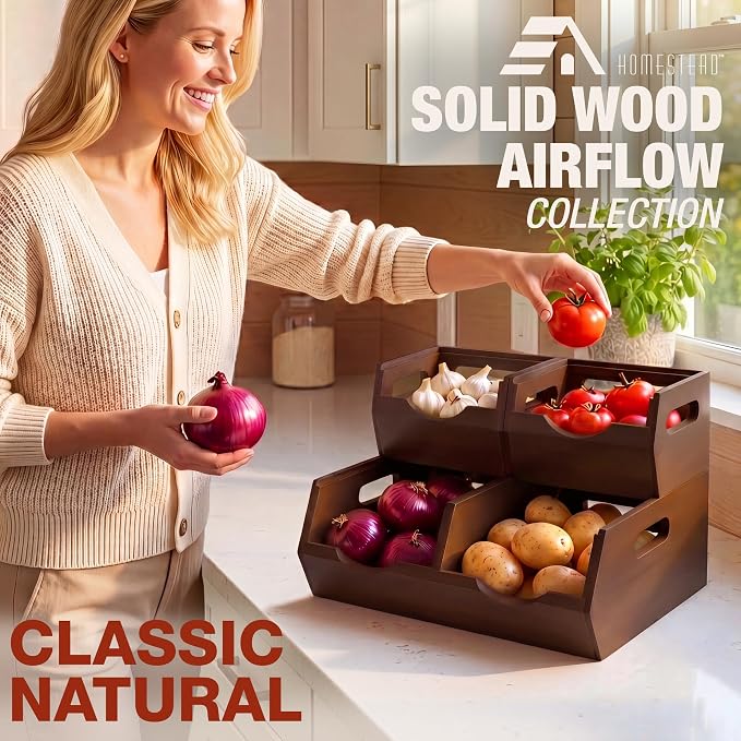 HOMESTEAD Stackable Solid Wood Storage Bins for Kitchen Pantry & Countertop, Ventilated Potato and Onion Basket Organizer with Handles, Wooden Produce Storage Containers, 3-Pack, Chestnut Finish - Image 2