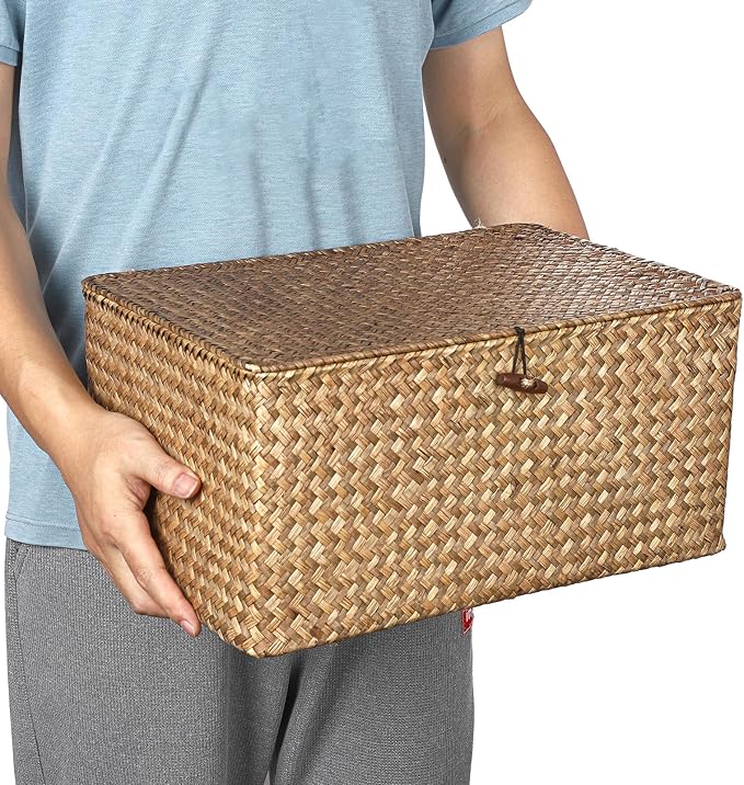 Hipiwe Wicker Shelf Baskets Bin with Lid Woven Storage Box, Coffee X-Large | Handmade Seagrass Basket Storage Bins Rectangular Household Basket Boxes for Shelf Wardrobe Home Organizer - Image 8