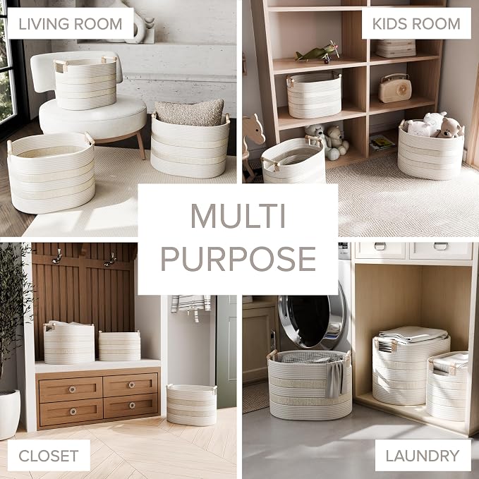 RGI Home Storage Baskets for Organizing, Textured Linen and Fabric Rope, Set of 3 Oval Decorative Woven Bins, Multi-Sized with Easy-Carry Premium Wooden Handles, Cream with Ivory Trim - Image 3