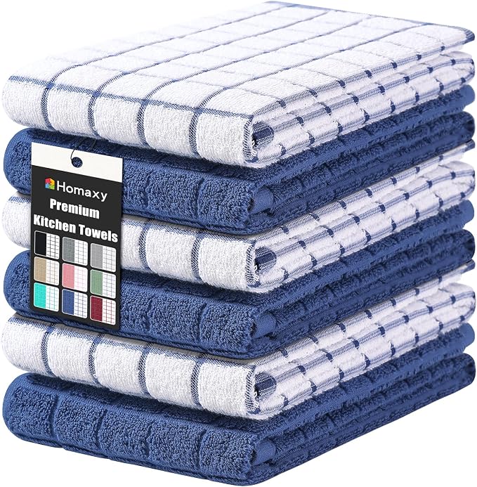 Homaxy Large Premium Cotton Kitchen Towels 16"x 28", 6 Pack, Navy Blue | Natural Ring Spun 390 GSM Dish Towels, Super Absorbent Terry Kitchen Hand Towels, Soft Tea Towels with Hanging Loop by Homaxy