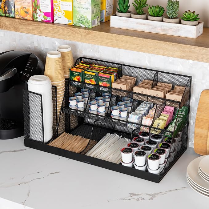 Mind Reader Cup and Condiment Station, Breakroom Countertop Organizer, 3-Tier Storage for Office Coffee Stations and Shared Spaces, Metal Mesh, Black - Image 2
