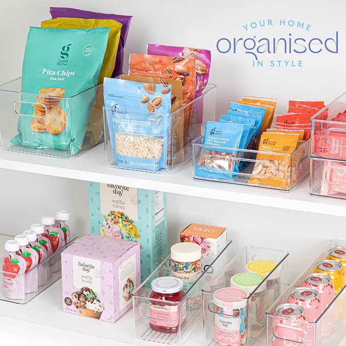 Plastic Food Storage 4 Pack Clear Container Bin with Handles for Organizing Kitchen, Pantry, Refrigerator, Freezer, Pantry, Cabinet, Closet, Bathroom. 14”x4”x4” - Image 8