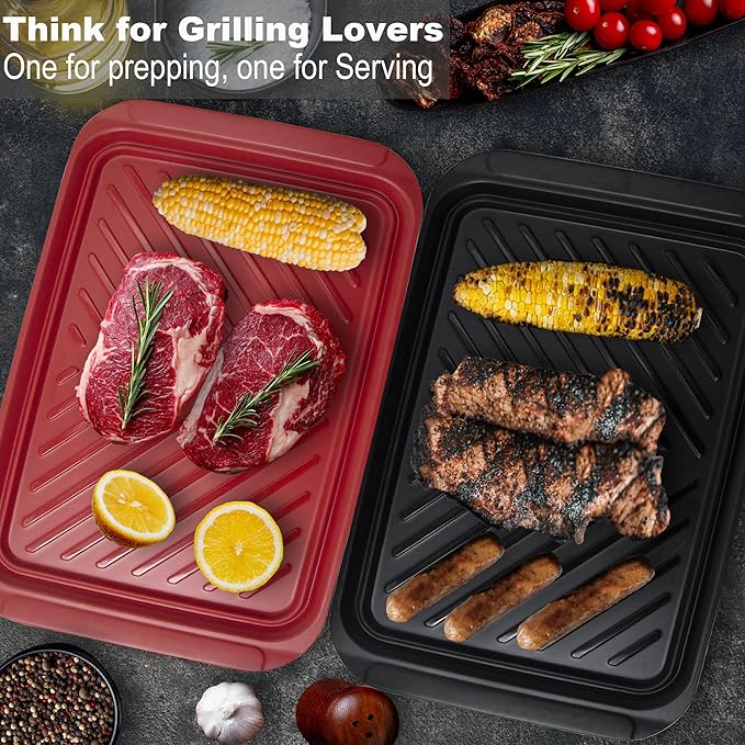 Czlizdyt Grilling Prep and Serving Tray, Dishwasher Safe, Nesting Set | Large 17.2'' x 13'', 2pcs BBQ Platter for Raw and Cooked Food, Melamine Trays, Black and Red, Cleaning Pack Included - Image 3