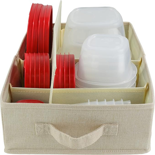 Food Storage Container Organizer Box – A Kitchen Drawer Organizer Compatible with Rubbermaid, Glad Containers and Lids – Adjustable Foldable Cloth Box by HappiBox