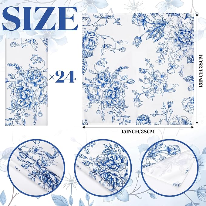 24 Pcs Floral Cloth Napkins 6 Patterns Washable Dinner Tea Party Napkins Reusable Plant Flowers Square Napkin Cotton Towel Decorative for Summer Wildflower Party(Blue Floral) - Image 6