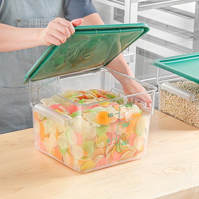 8 Pack 12 QT Food Storage Containers with Green Lids Hot Cold Resistant Stackable Square Commercial Container Set with Handle Scarle Commercial Kitchen service Business BPA-Free Polycarbonate - Image 3