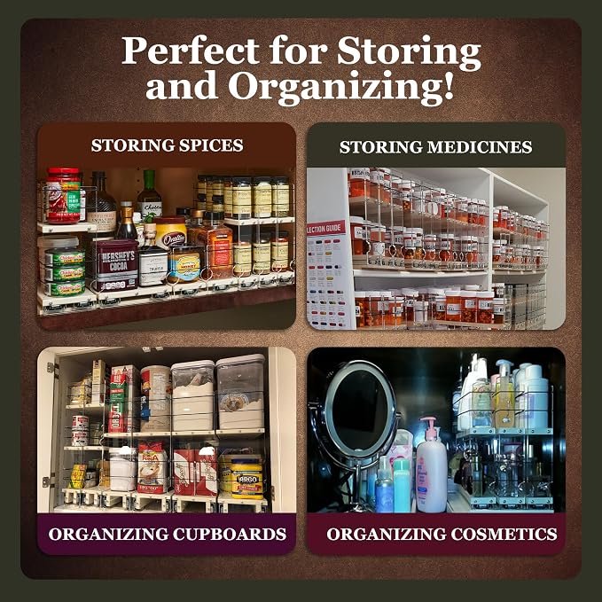 Large Pullout Sliding Spice Rack Organizer - 2 Individual 1 Tier Drawers - Premium Rolling Seasoning Holder/Caddy for Hidden Pantry Storage - Made in USA (6.9''W x 5.0" H x 10.6''D) - Image 3