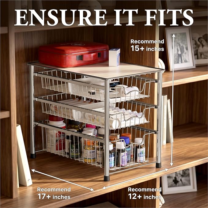 Simple Houseware Stackable 3 Tier Sliding Basket Organizer Drawer, Chrome - Image 3