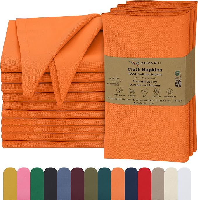 Ruvanti Cloth Napkins Set of 12, 18x18 Inches, 100% Cotton, Washable, Soft & Absorbent, Perfect for Wedding, Christmas, ‎Thanksgiving Dinners - Orange Peel by Ruvanti