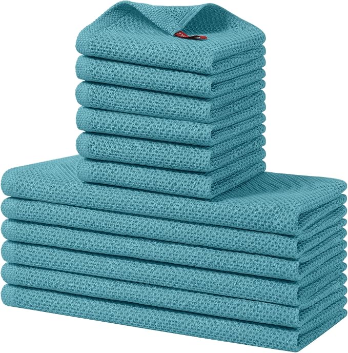 Homaxy 12 Pack 100% Cotton Kitchen Towels and Dishcloths Set, Lake Blue | 12 x 12 Inches and 13 x 28 Inches Kitchen Towels Set, Ultra Soft Absorbent Dish Cloths for Washing Dishes by Homaxy