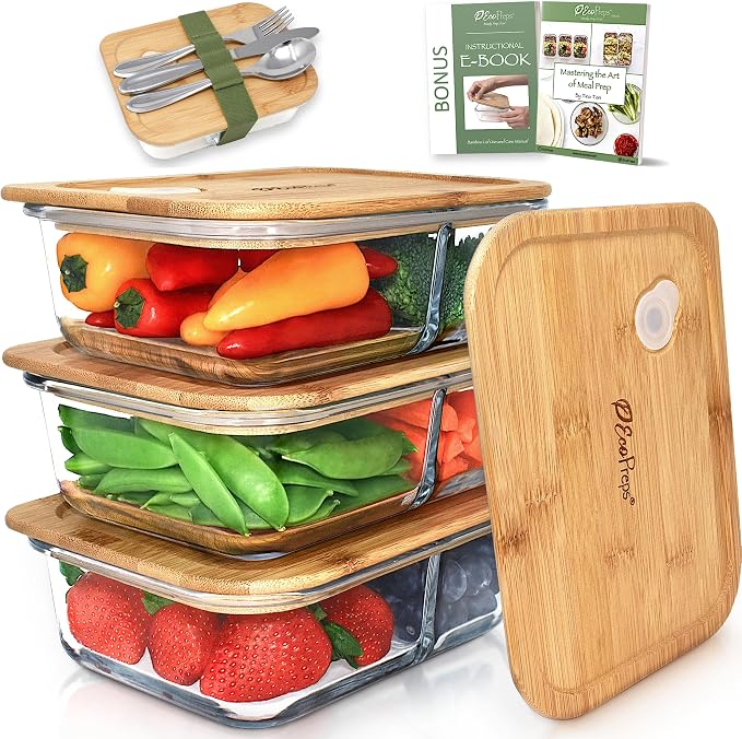 Glass Meal Prep Containers with Bamboo Lids, 2 Compartment Glass Bento Box Container Set (3 Pack) | 100% Plastic Free, Eco-Friendly, Lunch Containers with Lids Made of Bamboo - Set of 3 - Image 9