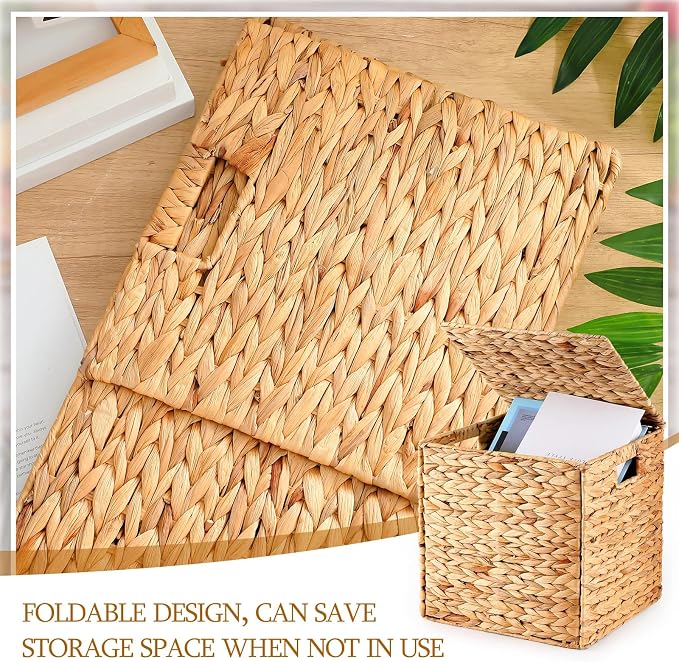 Jinei 6 Pcs Water Hyacinth Storage Baskets with Lid 12"x12"x12" Wood Color | Handwoven Wicker Bins with Handles, Wicker Cube Baskets Bulk for Shelves Organizer Laundry, Closet Bedroom - Image 6