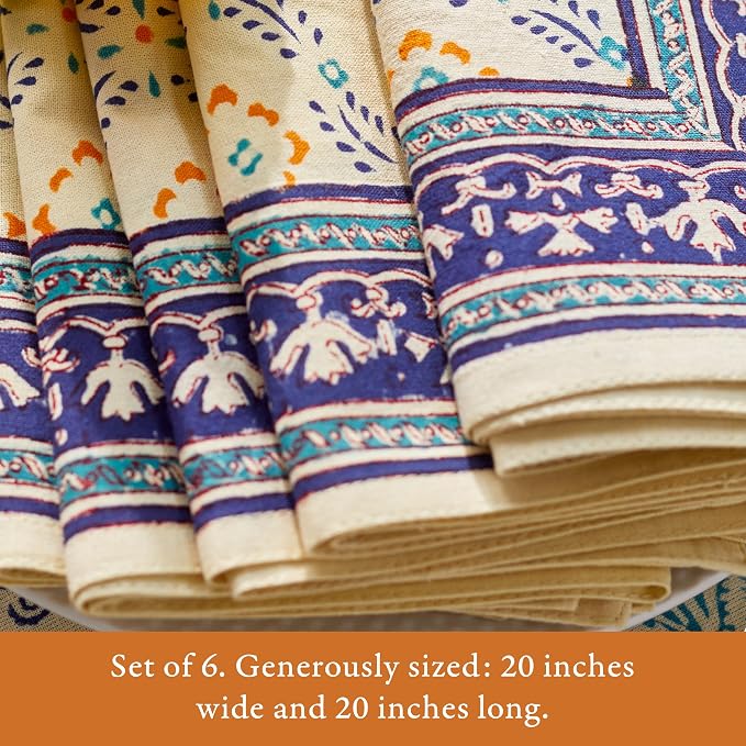100% Pale Yellow Blue Cotton Dinner Napkins, Set of 6, Hand Printed Morning Dew Design, Fair Trade, Washable Cloth Napkins for Parties & Cocktails 20x20 in - Image 5