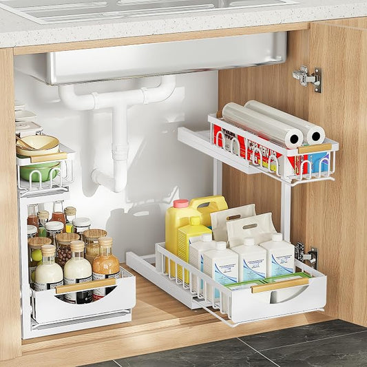 Under Sink Organizer and Storage 2 Tier Cabinet Pull Out Shelf Organizers | 2 Pack 2 Tier under sink storage for Bathroom and Kitchen Slide Out Drawer Organization for Home Cabinets Shelves and Drawers by Aekenr