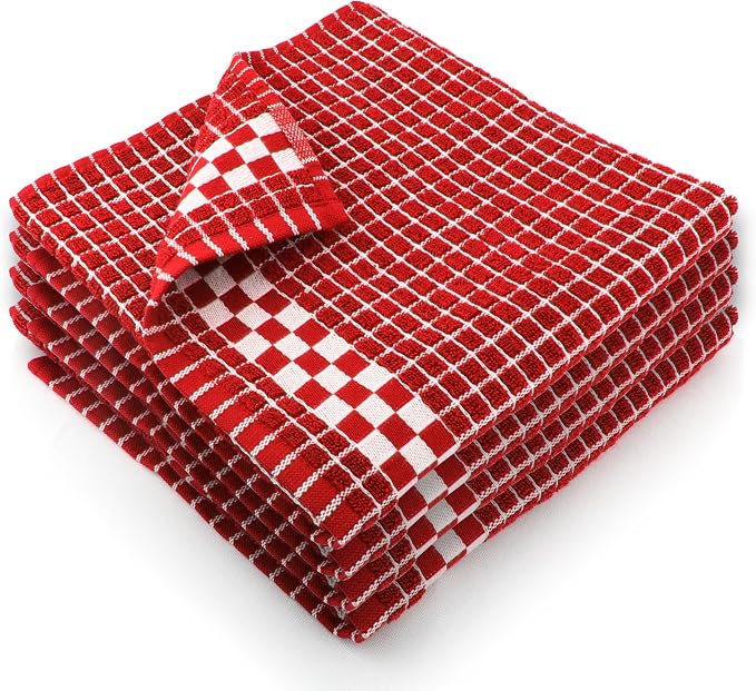 Fecido Classic Dark Kitchen Dish Towels with Hanging Loop - Heavy Duty Absorbent Dish Clothes - European Made 100% Cotton Tea Towels - Set of 4, Red by Fecido