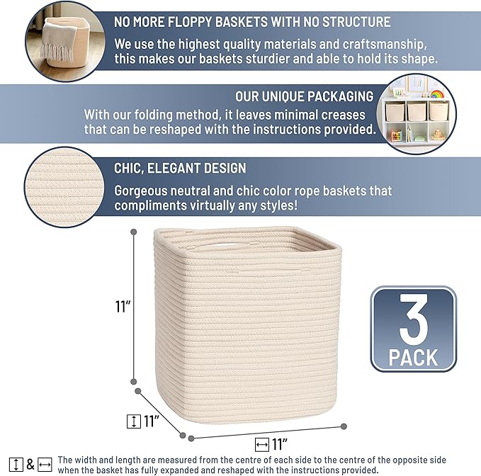 NaturalCozy Storage Cubes 11 Inch Cotton Rope Woven Baskets for Organizing, 3-Pack | Cube Storage Bin | Square Storage Baskets for Shelves Organizer, Classroom, Kids Toy Bins, Closet, Baby Nursery - Image 2