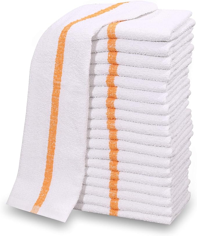 12 PC New Cotton Blend White Restaurant Bar Mops Kitchen Towels (1 Dozen) (12, Gold Stripe) by GOLDTEXTILES