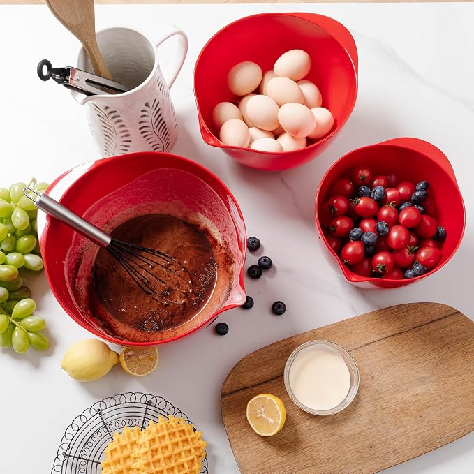 Mixing Bowls Set, 3 Piece Melamine Nesting Bowls with Pour Spout, Non-Slip Base, Great for Prepping, Baking, Mixing Cooking, BPA free and Dishwasher Safe, Red - Image 4