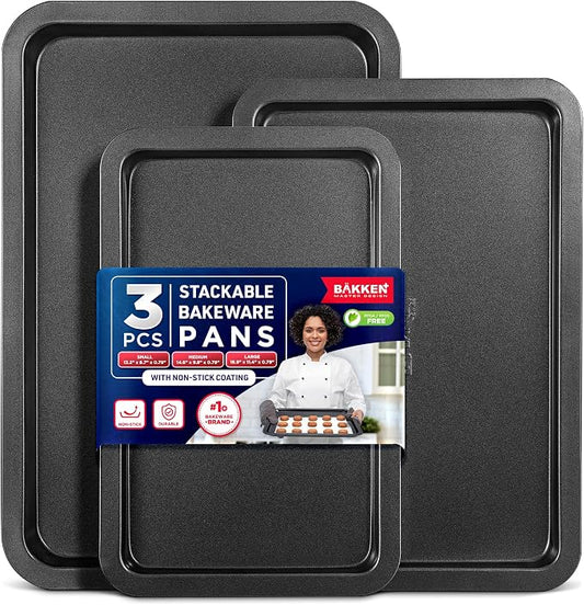 3 Piece Set Nonstick Carbon Steel Oven Bakeware -Professional Quality Kitchen Cooking Baking Trays -PFOA, PFOS, PTFE-Free Small, Medium & Large Baking Sheet Pans by Unknown