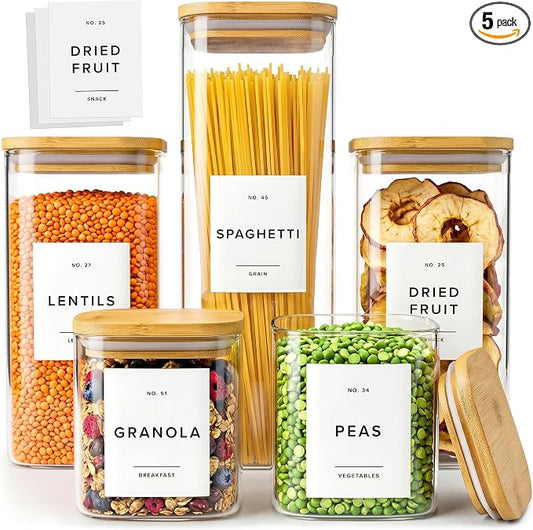 Glass Pantry Storage Jars Containers with Bamboo Lids and Labels - Set of 5 | Extra Thick Square Glass Canisters with Bamboo Wood Lids and 54 Pre-printed Pantry Labels keeps dry Goods Fresh and Organized by EDELHAUS