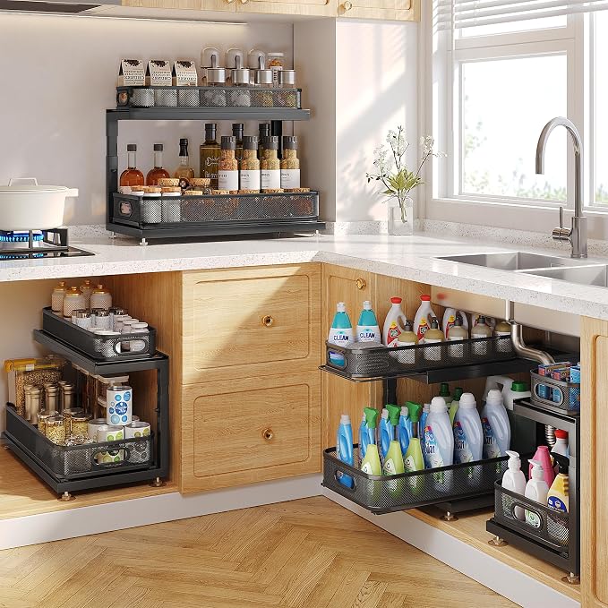 1 Pack Under Sink Storage Organizer with 2-Tier Slide Out Drawer, Sophisticated Mesh Pull Out Shelf for Kitchen & Bathroom, Fits Small Items, Upgraded Arched Track for Smooth Gliding-Black - Image 7