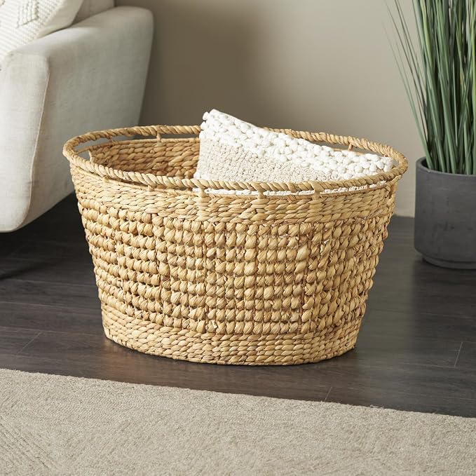 Deco 79 Seagrass Handmade Decorative and Functional Storage Basket Woven Oval Basket Organizer with Elevated Rim and Slot Handles, Basket for Storage 30" x 21" x 17", Brown - Image 2