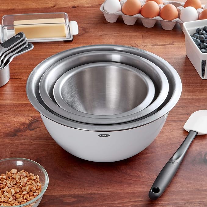 OXO Good Grips 3-Piece Stainless Steel Mixing Bowl Set (White) and OXO Good Grips 3-Piece Angled Measuring Cup Set (Black) - Image 3