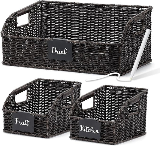 Pantry Organizers, Handwoven Large Wicker Baskets for Shelves, Labeled Storage Baskets for Organizing with Handles - Waterproof Plastic Storage Bins, Boho Decorative, 3Pack, Black by Unknown