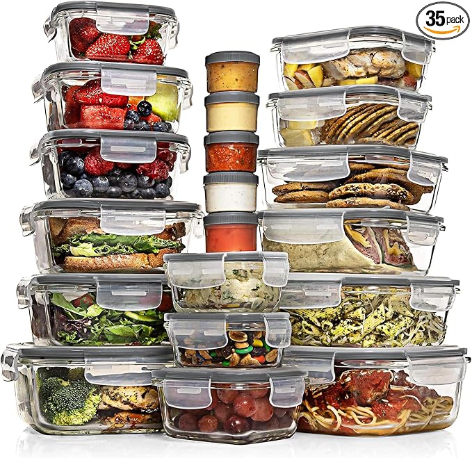 Razab 35 Pc Set Glass Food Storage Containers with Lids - Meal Prep Airtight Bento Boxes BPA-Free 100% Leak Proof (15 lids,15 glass & 5 Plastic Sauce/Dip Containers) by RazabHomeGoods