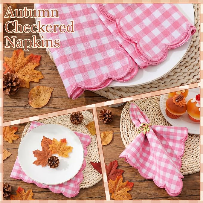 SmoothNovelty 6 Pack Buffalo Plaid Cloth Napkins 18x18 Inch Checkered Cloth Napkins Scalloped Soft Cotton Table Mat Washable Reusable for Dinner Wedding Holiday Birthday Parties (Classic,Pink) - Image 3