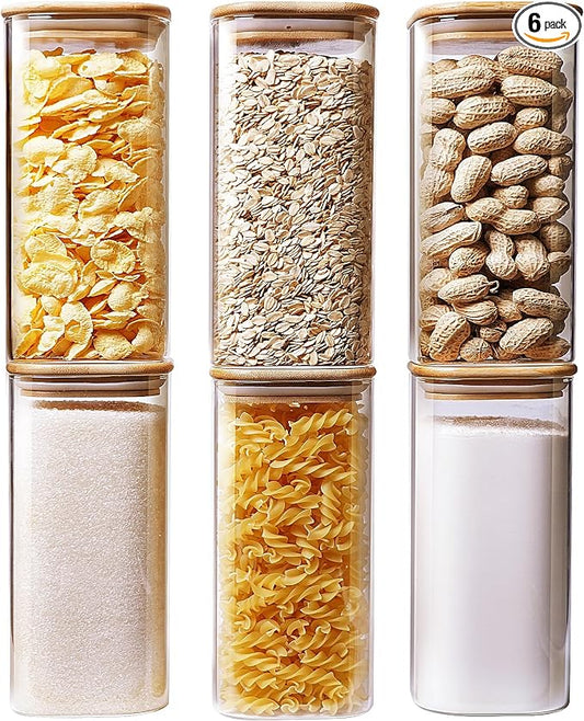 HomArtist Square Glass Jars with Bamboo Lids 30 FL OZ [Set of 6], Glass Canisters with Airtight Lid, Glass Food Storage Container for Pasta, Flour, Sugar, Rice, Best for Kitchen & Pantry by HomArtist