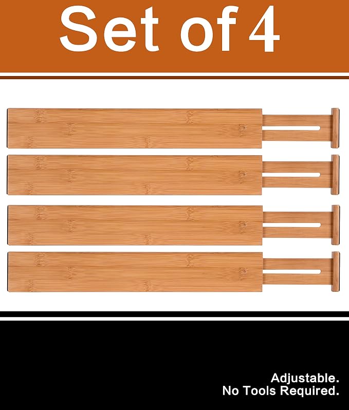 Bamboo Kitchen Drawer Dividers Expandable Adjustable Drawer Organizer Dividers Adjust from 22" to 17½" Set of 4 - Image 3
