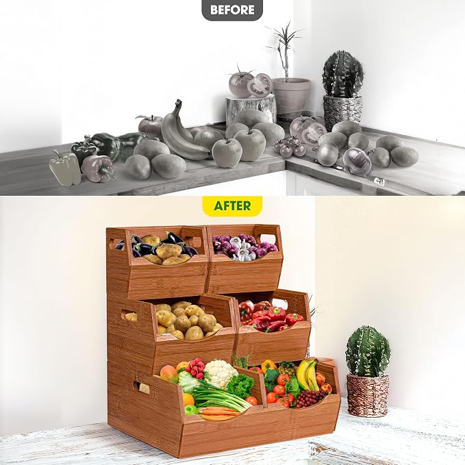 3-tier Stackable Bamboo Pantry Storage Bins, Potato & Onion Storage Baskets | Upgraded Storage Basket with Handles, Removable Divider, Pantry Organizer Holder for Kitchen, Cabinet, Fruit Storage (Walnut) - Image 2