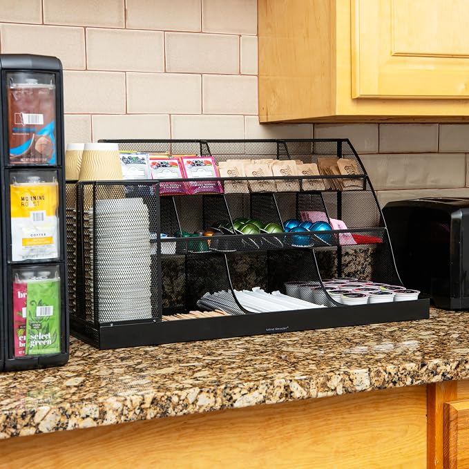 Mind Reader Cup and Condiment Station, Breakroom Countertop Organizer, 3-Tier Storage for Office Coffee Stations and Shared Spaces, Metal Mesh, Black - Image 6