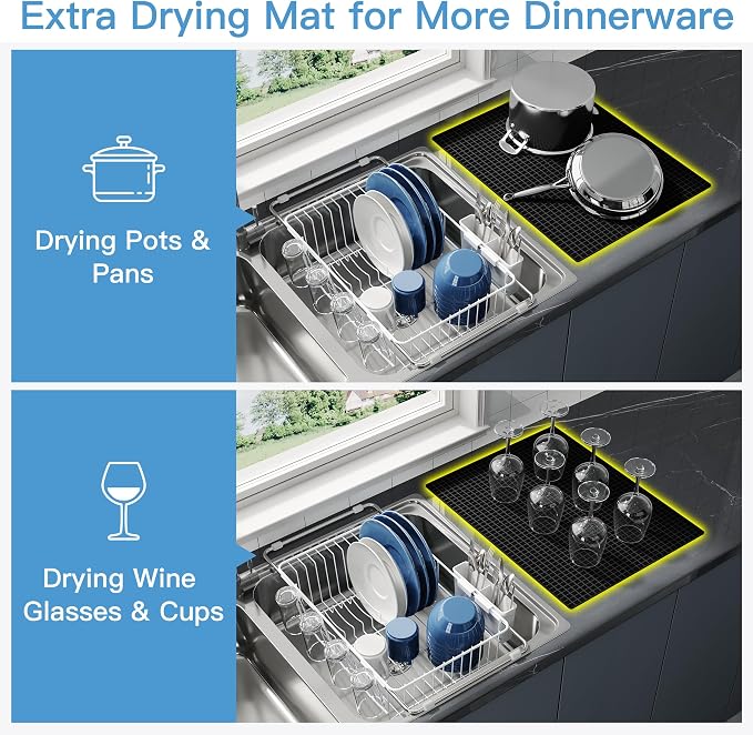 JASIWAY White Dish Drying Rack in Sink with Mat, Cups and Utensil Holder | Use Over the Sink or Counter, Stainless Steel Expandable Dish Drainer for Small Kitchen, Space Saving, Fast Drain, Rustproof - Image 3