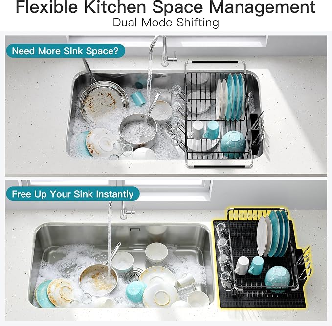 JASIWAY Black Dish Drying Rack in Sink with Mat, Cups and Utensil Holder | Use Over the Sink or Counter, Stainless Steel Expandable Dish Drainer for Small Kitchen, Space Saving, Fast Drain, Rustproof - Image 4
