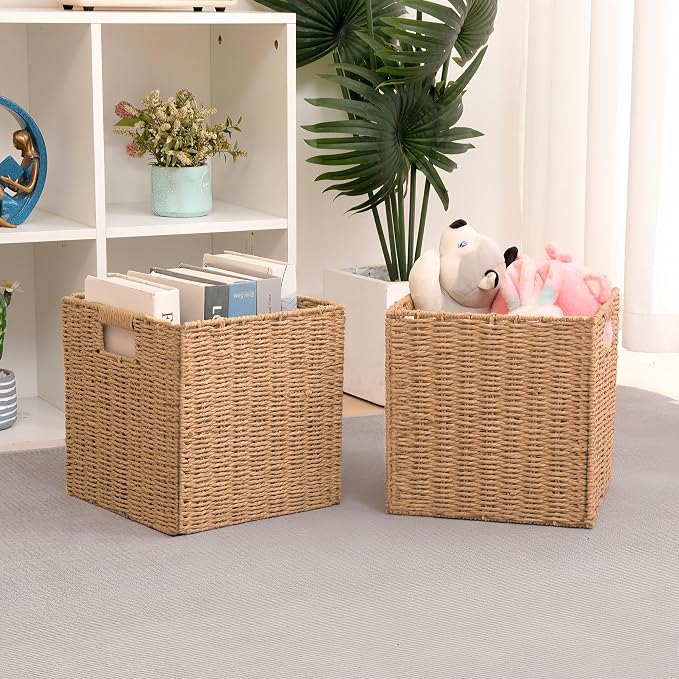 Foldable Storage Baskets with Handles, 11x11x11 Inch, 2 Pack | Paper Rope Square Storage Cubes Bins for Shelves, Living Room, Bedroom, Pantry - Image 2