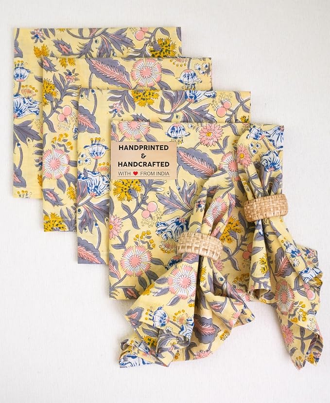 Craftbot Cotton Print Dinner Napkins 18x18 inches - Washable Cloth Napkins Set of 6 - Everyday Use or Dinner Party and Events - Light Yellow Indian Block Printed Fabric by AVKAStudio