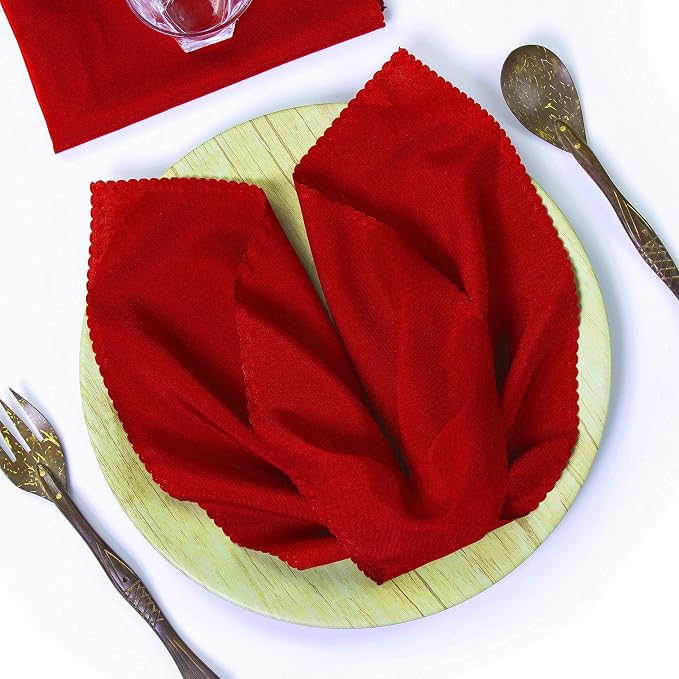 Pack of 12 Polyester Napkins 17 x 17 Inch Square with Scalloped Edge, Plain Washable Reusable Dining Table Cloth Napkin for Wedding Party Banquet Home Restaurant Bistro Decoration - Red by MDS