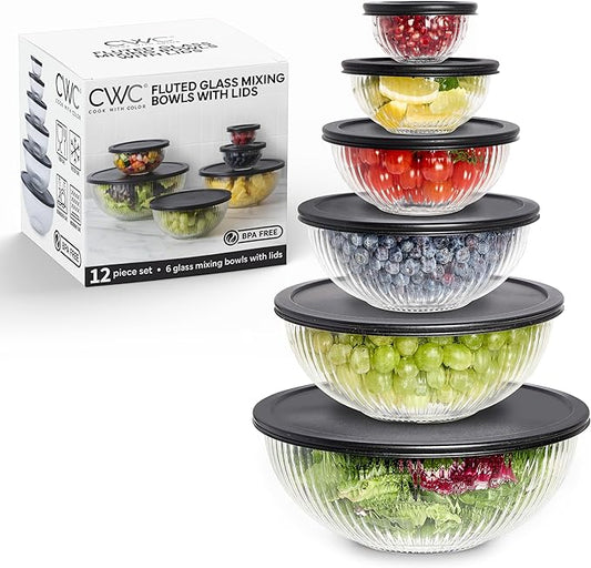 COOK WITH COLOR 12 Pc Glass Mixing Bowl Set with Lids – Borosilicate Glass Nesting Bowls for Cooking, Baking and Meal Prep, Fluted Black by CookwithColor