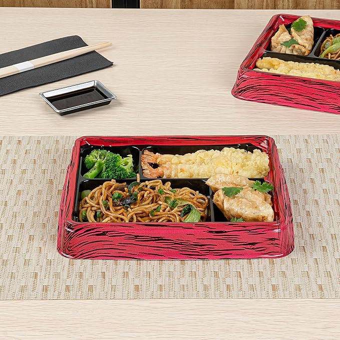 Restaurantware Bento Tek 15.2 Ounce Meal Prep Containers, 100 Disposable To Go Food Boxes - Lids Sold Separately, 4 Compartments, Red And Black Plastic Bento Lunch Boxes, Freezable, For Take Out - Image 4