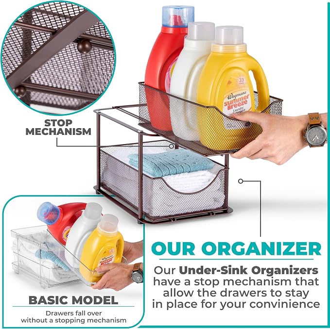 Sorbus 2 Tier Metal Under Sink Organizer for Bathroom, Kitchen, Strong Steel Mesh Sliding Drawers for Under Sink, Under Cabinet, Closet, Kitchen, Pantry, Bathroom Organizers and Storage (Brown) - Image 4