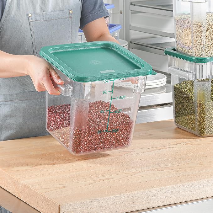 4 Pack 8 QT Food Storage Containers with Green Lids Handle and Scarle Stackable Clear Square Commercial Container Set For Dough Proofing Home Restaurant Kitchen Supply BPA-Free Polycarbonate - Image 3