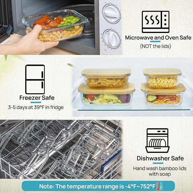 Vtopmart 4 Pack Glass Food Storage Containers with Bamboo Lids Meal Prep | Reusable Meal Prep Containers for Leftovers, Lunch & Kitchen Storage, Microwave, Oven, Freezer and Dishwasher Safe - Image 4