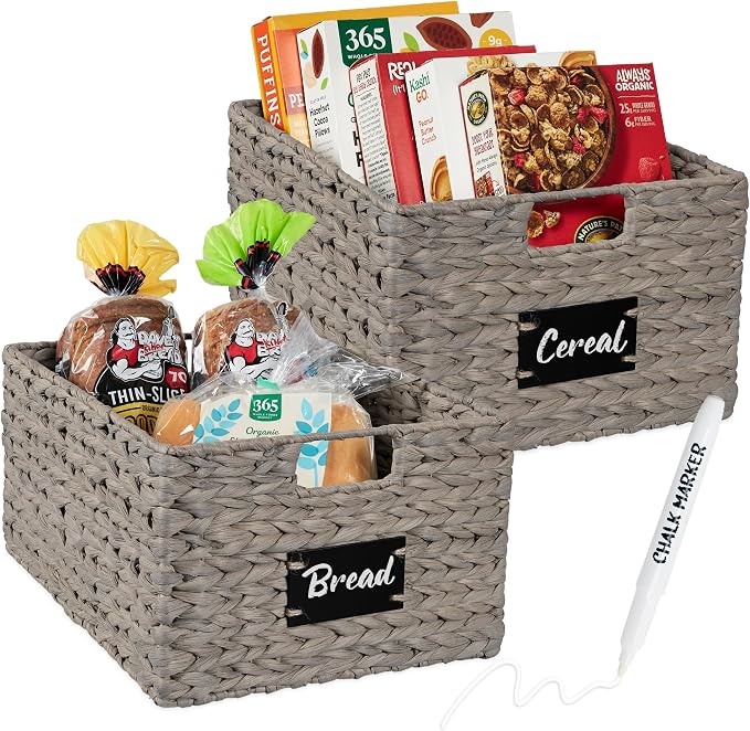 Best Choice Products Pantry Baskets Set of 2 16x12in Water Hyacinth Storage Baskets, Woven Wicker Kitchen Organizers with handles w/Chalkboard Label Chalk Marker - Gray by Unknown