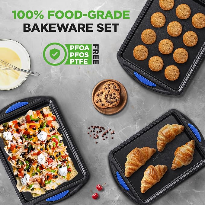 NutriChef 3-Piece Nonstick Cookie Sheets for Baking – Carbon Steel Stackable Bakeware Set w/ Silicone Handles - Non Toxic Baking Pan - Durable & Wrap Resistance, Oven Safe - Easy cleanup - Image 5