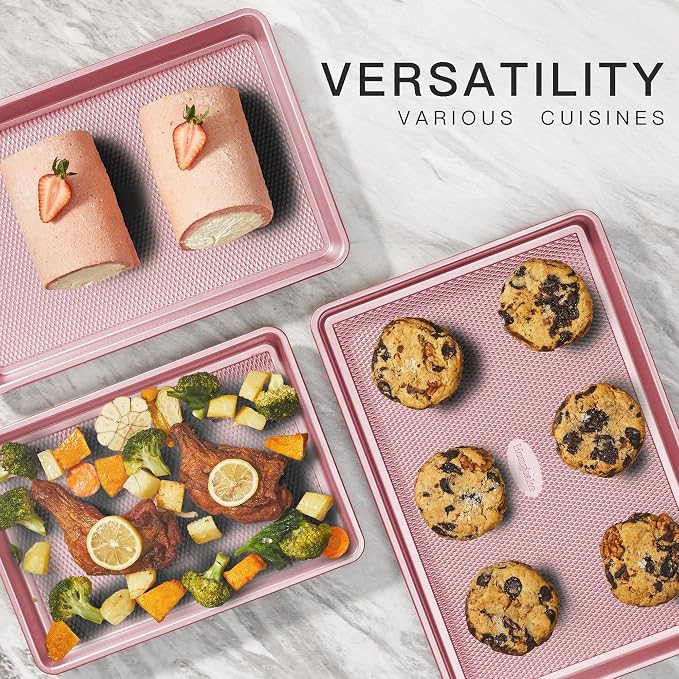 Baking Sheet Pan Set, Cookie Sheets for Oven, Nonstick Half/Quarter/Jelly Roll Pans with Diamond Texture Pattern, Heavy Duty Cookie Tray, Pink - Image 3