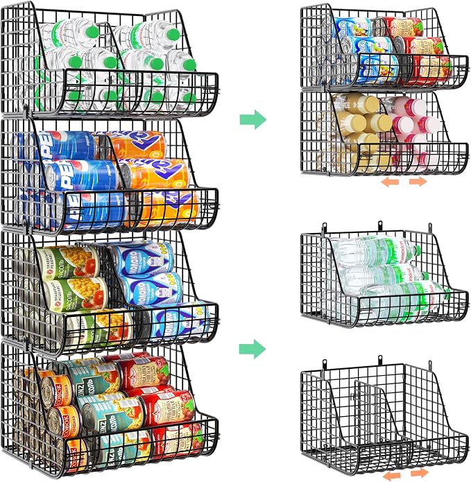 Stackable Soda Can Organizer Stores Up to 72 Cans, 4-Pack Can Storage Organizer for Pantry Shelves, 4-Tier Kitchen Can Holders with 4 Adjustable Dividers, Wire Drink Organizer for Pantry Cabinet Shelf by Lyuwanxian