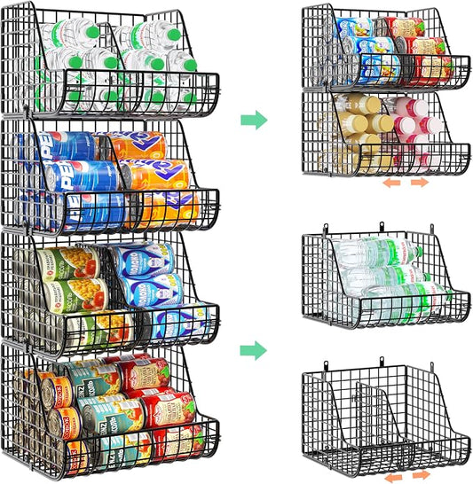 Stackable Soda Can Organizer Stores Up to 72 Cans, 4-Pack Can Storage Organizer for Pantry Shelves, 4-Tier Kitchen Can Holders with 4 Adjustable Dividers, Wire Drink Organizer for Pantry Cabinet Shelf by Lyuwanxian