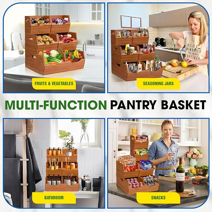 3-tier Stackable Bamboo Pantry Storage Bins, Potato & Onion Storage Baskets | Upgraded Storage Basket with Handles, Removable Divider, Pantry Organizer Holder for Kitchen, Cabinet, Fruit Storage (Walnut) - Image 7